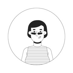 Korean woman wearing slim sunglasses 90s black and white 2D vector avatar illustration. Asian female in striped top outline cartoon character face isolated. Casual flat user profile image portrait
