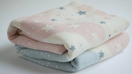 A soft baby blanket in pastel tones, neatly folded with star and moon patterns, resting on a white background, [baby blanket], [gentle and cozy]