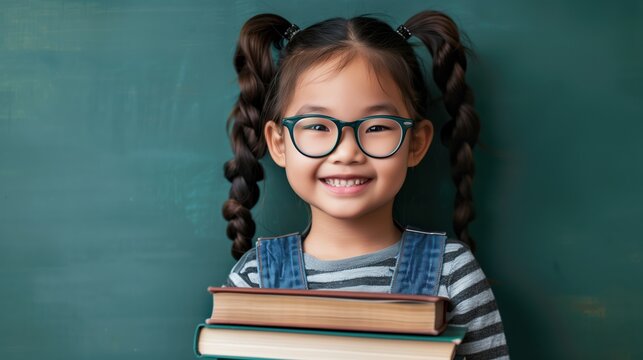 Smiling asian student girl in glasses holding books in front of chalkboard
