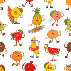 Groovy tropical fruit characters seamless pattern. Vector tile background with playful pineapple, banana, apple and pear, peach, watermelon, orange, lemon. Pomegranate, kiwi, grapefruit fun activities