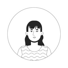 Caucasian woman choppy bangs and wavy hair black and white 2D vector avatar illustration. European female young outline cartoon character face isolated. Casual flat user profile image portrait