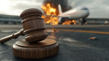 Gavel and burning airplane on runway