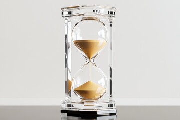 Fototapeta premium Elegant hourglass on a black surface reflecting light in a minimalistic indoor setting