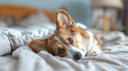 half year old welsh corgi puppy relax on bed