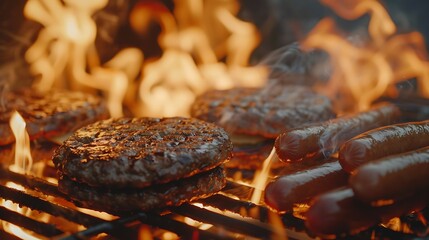 hamburgers and hotdogs cooking on flaming grill shot with selective focus