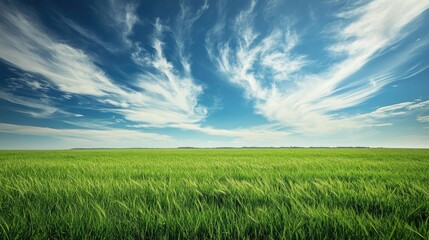 Beautiful grassy fields meet a summer sky with drifting clouds, creating a tranquil, natural landscape in wide format.