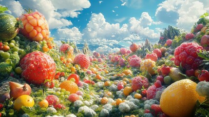 A vibrant landscape filled with an abundance of colorful fruits creating a stunning natural scene under a bright blue sky.