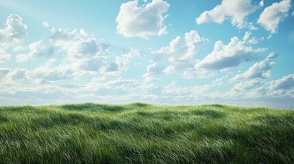 Beautiful grassy fields meet a summer sky with drifting clouds, creating a tranquil, natural landscape in wide format.