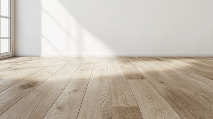 Naklejka premium Beige oak flooring extends towards a light wall, offering a blank canvas for interior design concepts or mockups.