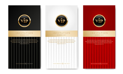 VIP invitation card, banner or flyer with golden elements on black, white and red background. Luxury premium design set for event invite, celebration party, formal reception.