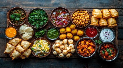 Fototapeta premium An array of colorful Indian dishes including rice, curries, and snacks presented on a wooden table ideal for content related to food, recipes, and culinary blogs,
