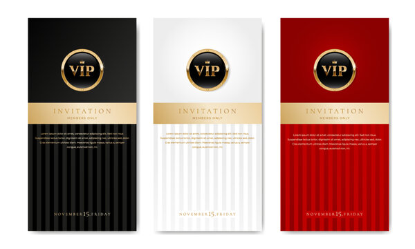 VIP invitation card, banner or flyer with golden elements on black, white and red background. Luxury premium design set for event invite, celebration party, formal reception.