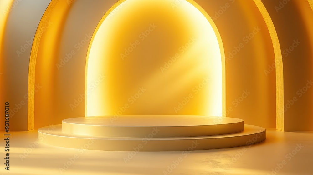 Poster serene maize-colored podium in minimalistic design with soft ambient lighting against clean backdrop