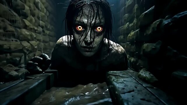 Zombie at night dark glowing eyes horror scary Halloween spooky evil demonic