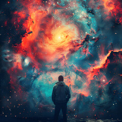 Fototapeta premium A man stands confidently before a vibrant nebula, showcasing the beauty of the cosmos in the background