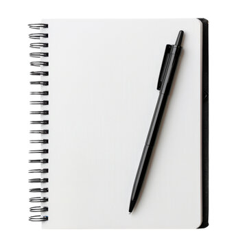 A blank spiral notebook with a black pen lying on top. The notebook is open and ready for writing.