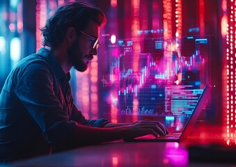 A man working on a laptop with neon charts and data displayed on a transparent screen, perfect for illustrating themes of data analysis, finance, coding, or cybersecurity,