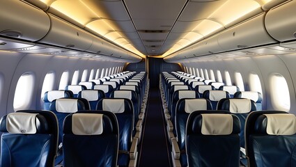 Naklejka premium interior of an airplane - a cabin inside a commercial airline aircraft. futuristic, advertisement, aerial transport