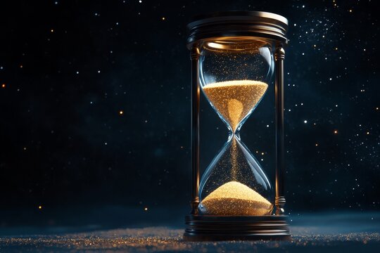 Hourglass with flowing sand illuminated against a starry background at night