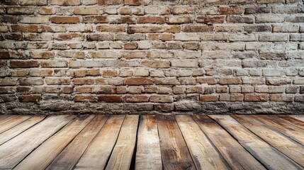 Classic brick wall with rich textures meets a polished wooden floor, perfect for a cozy and timeless background setting.