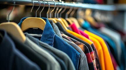 A row of clothing on hangers in a retail store.
