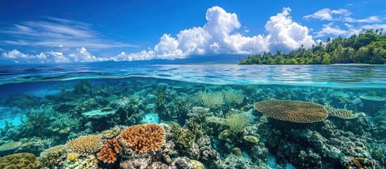 Tropical Paradise: Underwater Coral Reef and Lush Island