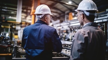 Engineers and factory managers wearing safety helmet inspect the machines in the production. inspector opened the machine to test the system to meet the standard. machine, maintenance