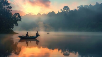 Fishermen quietly prepare their lines as the sun rises over a misty lake, creating a tranquil atmosphere in the early morning light. Generative AI