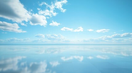 Clean, open floor space leading to a serene blue sky with scattered clouds, creating a peaceful horizon scene.