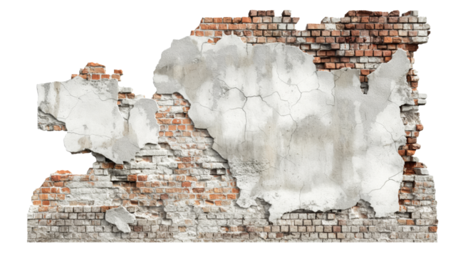 Destroyed part of a brick wall. Cracked and fragments. Isolated