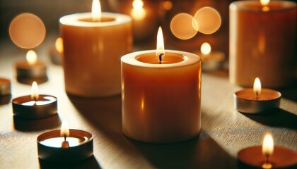 Warm candlelight ambiance with multiple burning candles in a cozy setting
