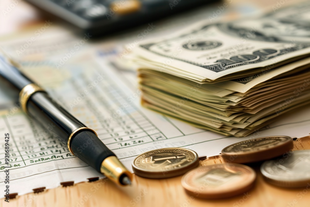 Fototapete a stack of cash and coins sit near a notebook filled with notes and calculations, indicating prepara