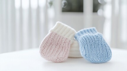 A soft-focus image of baby mittens in light pastel colors, gently placed on a white surface, [baby mittens], [tiny and delicate]