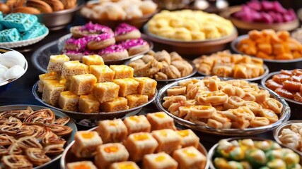 Colorful traditional Indian sweets and savory snacks arranged beautifully for Dussehra and Diwali