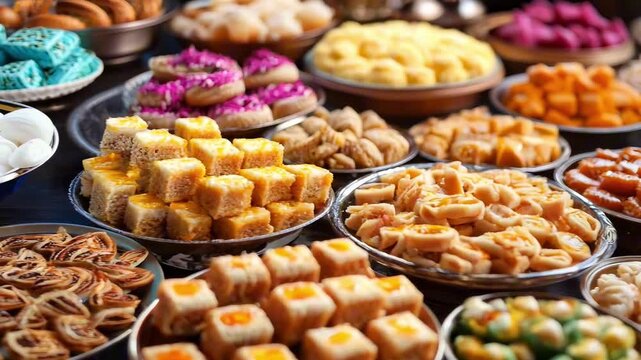 Colorful traditional Indian sweets and savory snacks arranged beautifully for Dussehra and Diwali