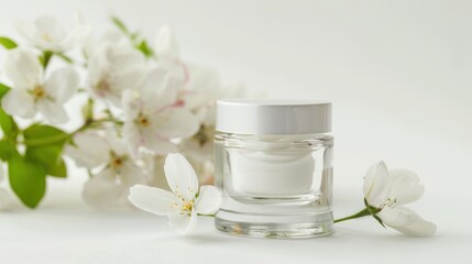 whitening and moisturizing Face cream in an open glass jar and flowers on white background. Set for spa, skin care and body products and solutions for skin problems such as scars, acne, wrinkles.