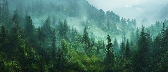 Lush, Green Forest with Towering Trees and Gentle Rain, Featuring a Mountainous Landscape and Aerial View, in Photorealistic Detail. AI generated illustration