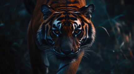 Close-up of a tiger prowling through its natural environment, highlighting the intensity of this wild animal.