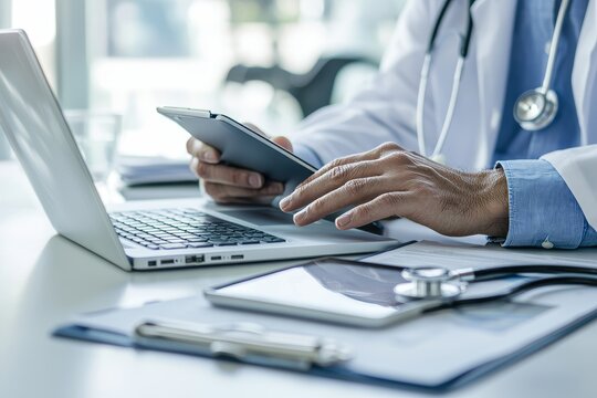 Medical doctors or medical students using digital tablets with stethoscopes in the hospital, doctor or student using digital system support for a patient in the hospital, concept for a medical