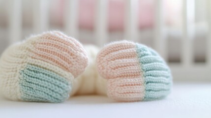 A soft-focus shot of pastel-colored baby mittens, gently laid on a white surface, [baby mittens], [tiny and delicate]