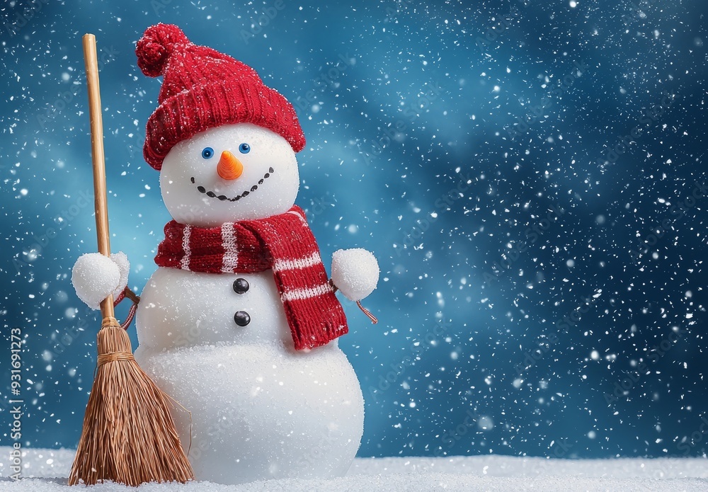 Aufkleber Christmas and happy new year greeting card with copy-space. A happy snowman stands in a winter landscape. The background is white with snow.