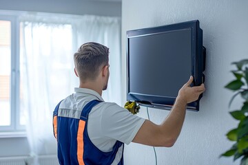 Installing luxury audio system in white living room. Home appliances installation concept.