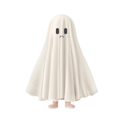 A sad ghost in a white sheet with two eyes and a frown.  The ghost is standing with its feet visible.