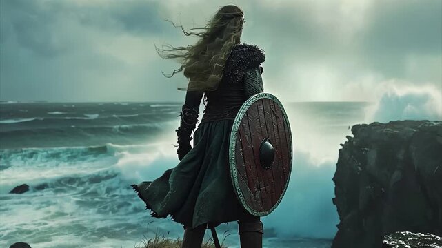 Viking Warrior Standing with Shield Ocean Wave Sky clouds Water history