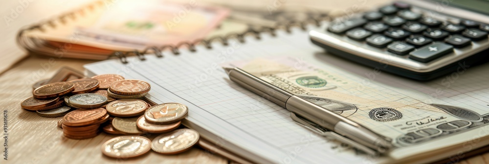 Fototapete a stack of cash and coins accompanied by an open notebook filled with calculations, highlighting org