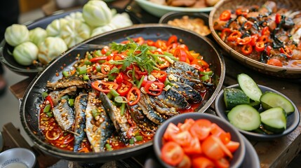 Fototapeta premium it is popular to eat fresh vegetables with chili paste in every meal plate with fried mackerel fresh vegetables and boiled vegetables