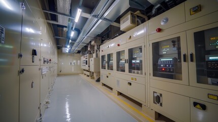 Modern electrical control room with various control panels, switches, and display screens, ensuring efficient operation and monitoring of electrical systems
