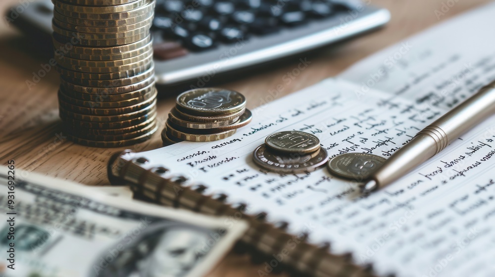 Fototapete a stack of cash, coins, and an open notebook with notes and calculations create a focused workspace 