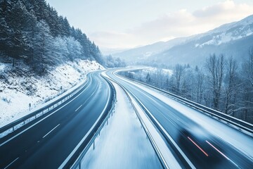 Abstract fast highway driving in the winter. Snowy conditions on the road. Motion blur visualizes the speed and dynamics.