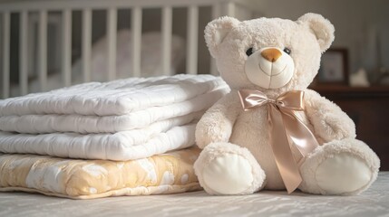 A soft-focus image of a teddy bear with a satin ribbon, sitting beside a stack of baby blankets, [teddy bear], [cozy and comforting]